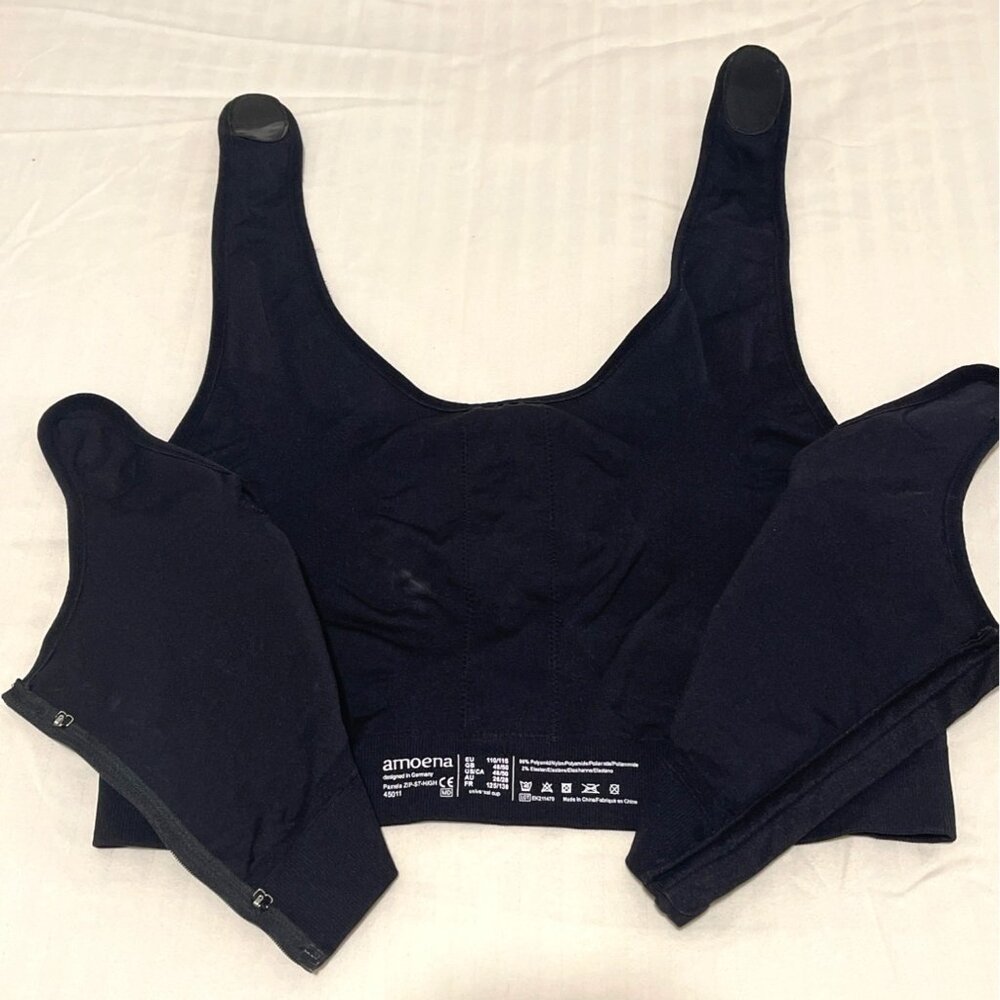 Surgical Breast Compression Bra Black Front-Zip Amoena Pockets Adjustable Straps